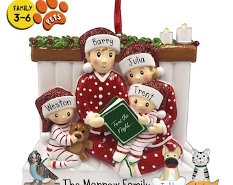 Personalized Family Christmas Ornament 3,4,5,6 – Reading Book, Night before Christmas, Optional Pets