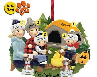 Personalized Camping Ornament - Campground Scene - Christmas Campers - Optional Pets - Roasting Marshmallows - Free Personalization - Tent