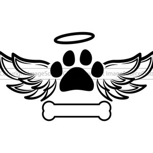 May include: Black and white silhouette of a paw print with angel wings and a halo above it. A bone is below the paw print.