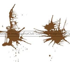 May include: Two brown paint splatters on a white background. The splatters have irregular shapes with drips and splashes, creating a dynamic and abstract design. The image is suitable for digital art or design.