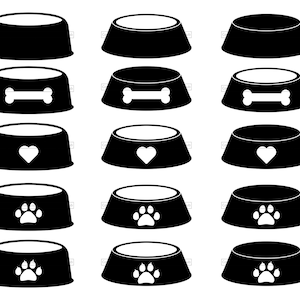 Dog Bowls Silhouettes SVG, PNG and JPG Files Bundle | Dog Bowls with Heart, Bone, Paw | Vector Transparent | Instant Download | Commercial