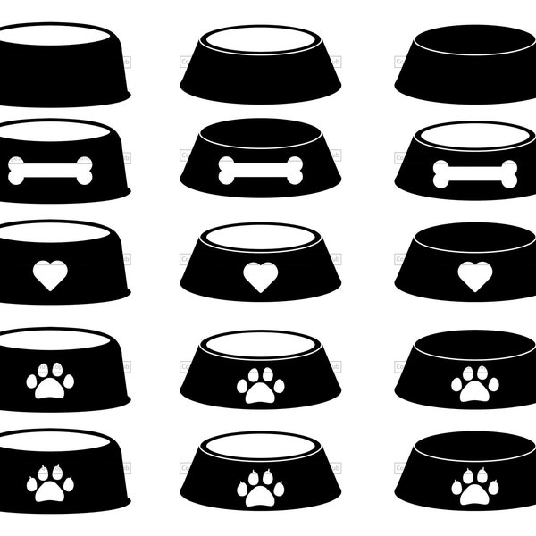 Dog Bowls Silhouettes SVG, PNG and JPG Files Bundle | Dog Bowls with Heart, Bone, Paw | Vector Transparent | Instant Download | Commercial