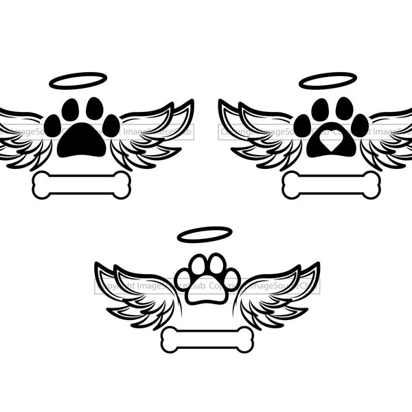 Printable Pet Memorial, Pet Loss SVG and PNG Digital Files | Dog Paw, Bone & Angel Wings | Dog Loss | Transparent Vector | Commercial Use