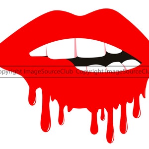 May include: Red lips with a dripping effect, creating a bold and graphic design. The lips are open, revealing white teeth and a black outline.