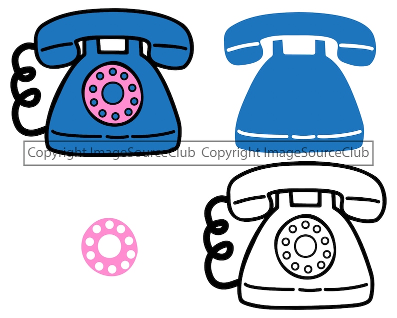 May include: A blue rotary phone with a pink dial and a black cord. A black and white outline of the same phone is shown below. A pink circle with white dots is also shown.