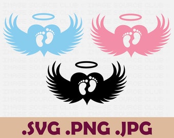 Angel Wings with Baby Footprint PNG and SVG Files | Pink and Blue Angel Wings with Baby Feet, Heart and Halo Transparent and Vector Files