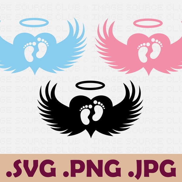 Angel Wings with Baby Footprint PNG and SVG Files | Pink and Blue Angel Wings with Baby Feet, Heart and Halo Transparent and Vector Files