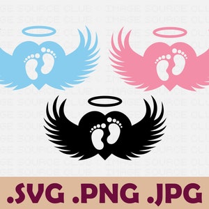Baby Footprint in Heart and Angel Wings with Halo PNG and SVG Files | Pink and Blue Angel Wings with Baby Feet | Transparent & Vector Files