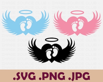 Baby Footprint in Heart and Angel Wings with Halo PNG and SVG Files | Pink and Blue Angel Wings with Baby Feet | Transparent & Vector Files