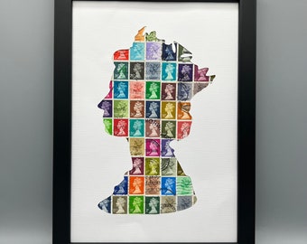 Multicolore - Art du timbre-poste vintage - La silhouette de la machine de la reine Elizabeth II faite à la main avec des timbres-poste vintage d'occasion