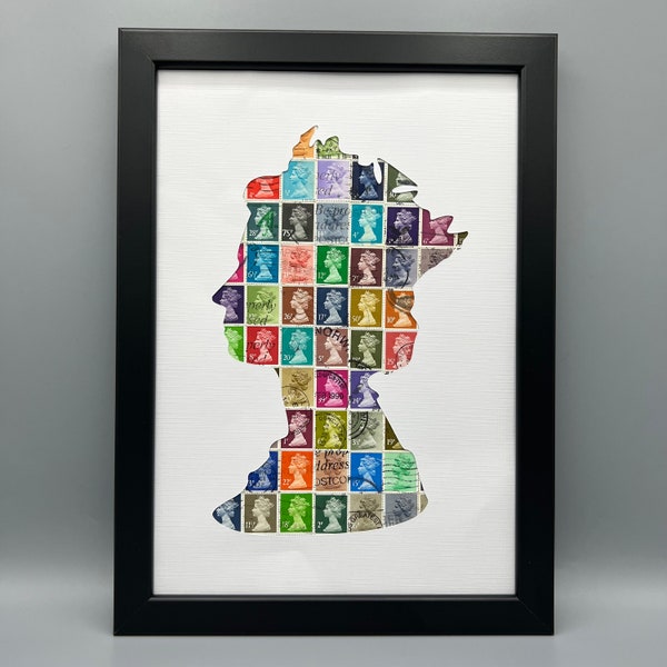 Multicoloured  - Vintage Postage Stamp Art - The Machin Silhouette of Queen Elizabeth II handmade with used vintage machin stamps