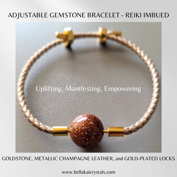 Adjustable Gemstone Bracelet - Reiki-Imbued | Goldstone | Braided Leather | Uplifting | Manifesting | Empowering