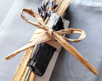 Mini Energy Cleanse Bundle, Reiki-imbued | Selenite, Black Tourmaline, Palo Santo and Lavender Smudge stick