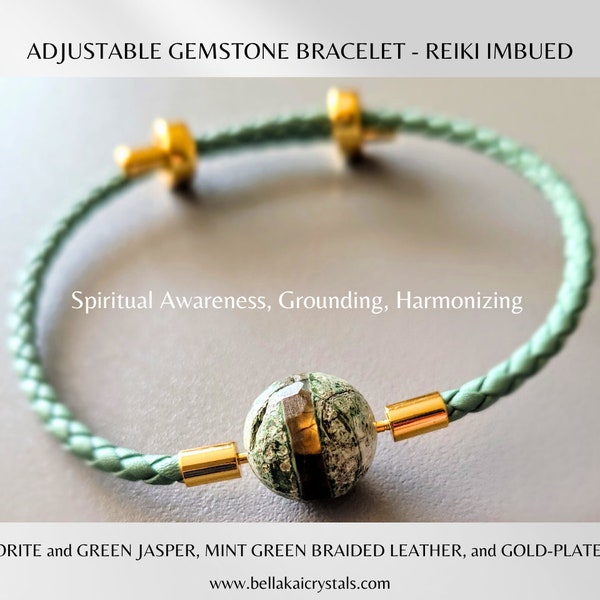 Adjustable Gemstone Bracelet - Reiki-Imbued | Labradorite | Green Jasper | Braided Leather | Spiritual Awareness | Grounding | Harmonizing
