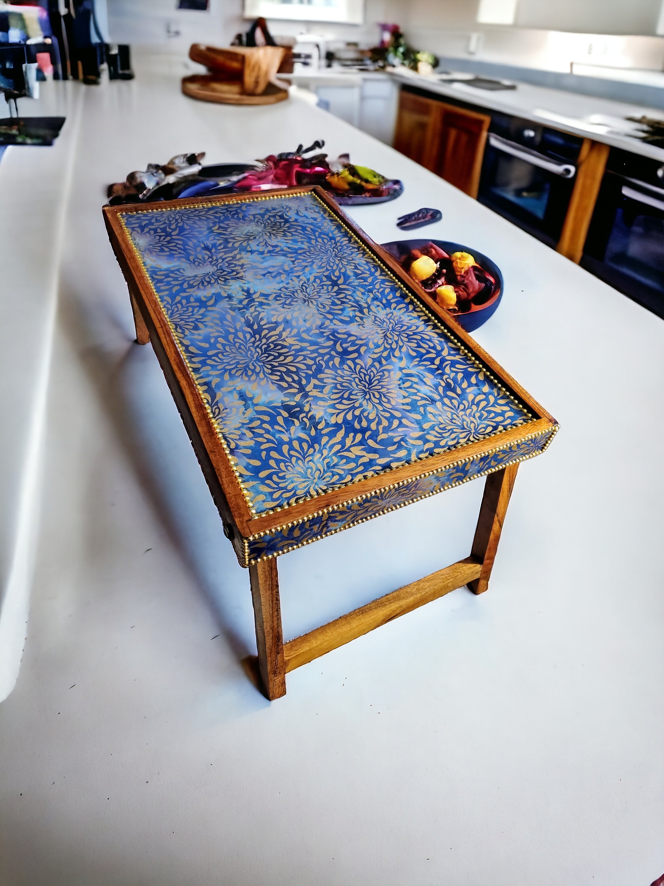 Wooden Folding Tray Table blue Dream , Breakfast Bed Tray, Folding Tray