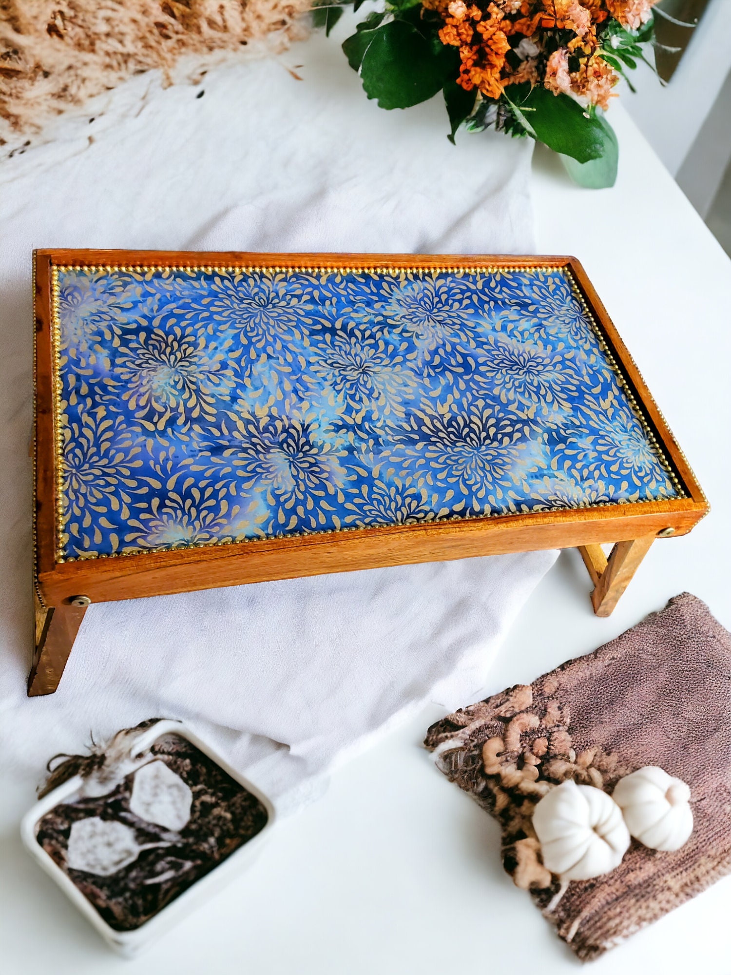 Wooden Folding Tray Table blue Dream , Breakfast Bed Tray, Folding Tray