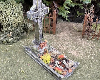 Cross Grave with flowers Distressed Miniature Tombstone