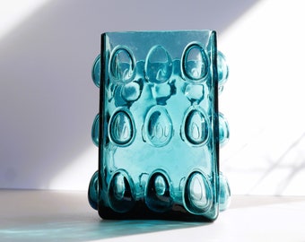 Art glass vase, vintage Mid-century modern blue vase with unusual design from Hirschberg, by Wilhelm Braun. Free delivery