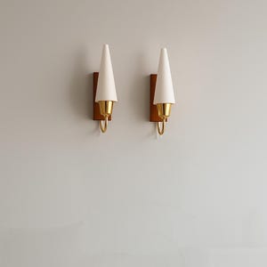 Scandinavian Modern design Aneta Sconces, vintage classic wall lamps. Opal glass with teak panels, Classic Nordic Retro with US plug option