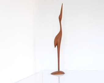 Teak Crane Figurine: XL Mid-Century Scandinavian vintage Carving with Nordic Retro Design. Shipping and New US tariff included in the price