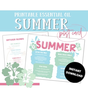 Puede incluir: Postal imprimible con un tema de verano en rosa y verde. Presenta mezclas de difusores de aceites esenciales, recetas de bruma para después del sol, repelente de insectos y bálsamo para la picazón. El texto incluye los ingredientes y las instrucciones para cada receta.