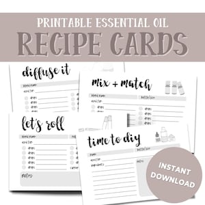 Könnte beinhalten: Druckbare Rezeptkarten für ätherische Öle mit vier verschiedenen Designs: Diffundieren, Mischen & Kombinieren, Rollen und Selbermachen. Jede Karte hat Abschnitte für den Namen des Gemisches, Verwendung, Tropfen, Notizen und Flaschengröße.