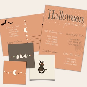 Könnte beinhalten: Ein Satz von sechs druckbaren Karten mit Halloween-Potion-Rezepten. Die Karten sind pfirsichfarben mit schwarzem Text und Illustrationen. Die Rezepte beinhalten "Trick or Treat", "All Hallow's Eve", "Moonlight Ride", "Witches Brew" und "Calm the Witch".