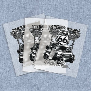 May include: Three black and white stickers with a vintage car and the text "America's Highway Route 66 Mother Road".