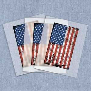 May include: Four sheets of white paper with a distressed American flag design printed on them. The flag is red, white, and blue with a faded, vintage look.