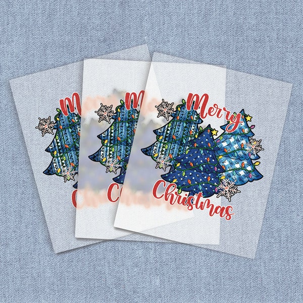 Christmas Blue Trees Direct-To-Film Transfers, Holiday DTF Heat Transfer, Iron-on Home Iron Transfers, DIY Full Color Digital Craft Iron on