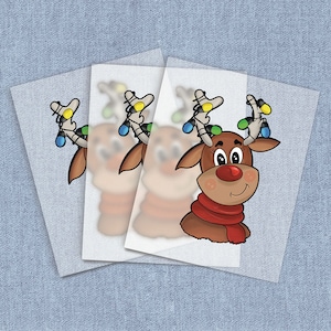 May include: A brown reindeer with a red scarf and antlers decorated with colorful lights. The reindeer has a smiling face with big eyes and a red nose.