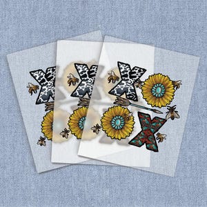 May include: Four sheets of clear vinyl with a variety of iron-on designs. The designs include a cow print letter X, a sunflower with turquoise accents, a bee, and a colorful arrow with a geometric pattern.
