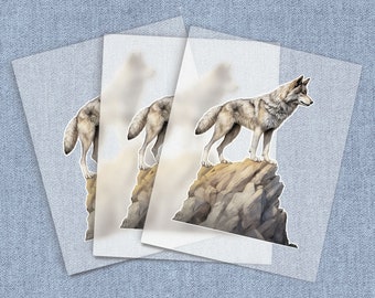 Wolf On A Rock Iron-on Heat Transfer, Wilderness DTF Transfers, Wildlife Home Iron Digital Craft Transfers, Animal Full Color DIY Iron ons