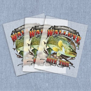 May include: Three white stickers with a graphic of a walleye fish and the text "Fishing for Walleye Bite This".