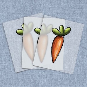 May include: Three white sheets of paper with a drawing of a carrot on each. The carrot is orange with green leafy tops. The carrot on the right is the most detailed.