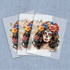 Dia De Los Muertos 3 Iron-on Heat Transfer, Floral DTF Transfers, Home Iron Day of the Dead Digital Craft Transfers, Full Color DIY Iron ons