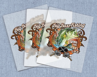 Fishing DTF Heat Transfer, Big Bass Fishing Direct-To-Film Iron-on Transfer, Full Color Ready To Press Heat Transfers for T-shirts