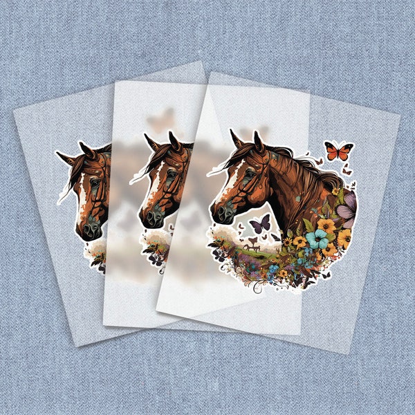 Brown Horse Head Floral Iron-on Heat Transfer, Equine Floral DTF Transfers, Home Iron Horse Digital Craft Transfers, Full Color DIY Iron ons