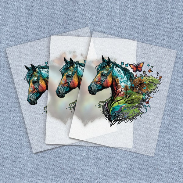 Floral Horse and Trees Iron-on Heat Transfer, Floral DTF Transfers, Home Iron Horse Digital Craft Transfers, Full Color DIY Iron ons