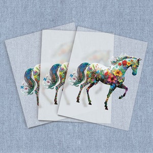 Floral Horse Silhouette Iron-on Heat Transfer, DTF Transfers, Home Iron Flower Digital Craft Transfers, Animal Full Color DIY Iron ons