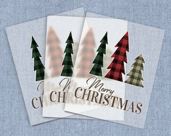 May include: Four transparent sheets with a Christmas tree design and the text "Merry Christmas". The trees are green, red and white plaid, and brown and white plaid.