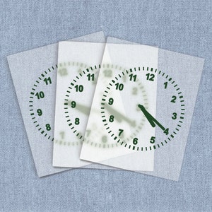 May include: Four overlapping clocks with black hands and green numbers on a white background. The clocks are arranged in a circular pattern, with the hands pointing to different times.