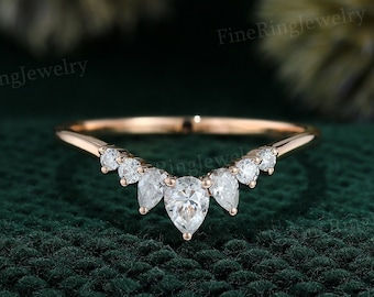 Pear shaped Curved wedding ring Diamond wedding band Unique Rose gold Moissanite wedding band matching band Bridal promise Anniversary gift