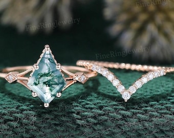 Einzigartige Braut Ring Kite cut Moosachat Verlobungsring Set vintage Moissanit Rosegold Frauen Diamantenhochzeit Braut Jahrestag Geschenk