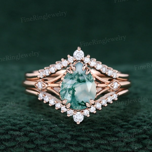 Pear Moss Agate engagement ring set Vintage rose gold Moissanite enhancer ring Unique double diamond wedding ring Promise Anniversary gift