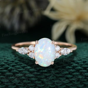 Oval cut Opal engagement ring Vintage Rose gold Engagement ring Unique Moissanite/Diamond Ring Cluster ring wedding Bridal Anniversary gift
