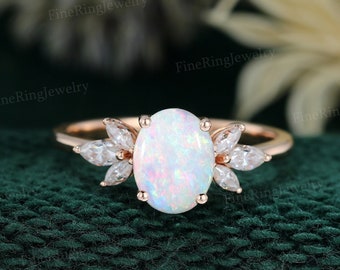 Oval Natural Opal Engagement Ring Vintage Rose Gold Wedding Ring