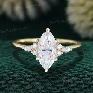 Vintage Marquise moissanite engagement ring Yellow gold engagement ring Unique Cluster engagement ring  Bridal Promise Anniversary gift ring
