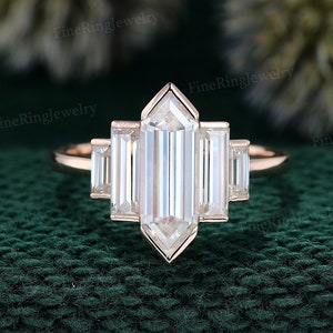 Unique Hexagon moissanite engagement ring Cluster baguette engagement ring Rose gold ring Bezel Set art deco Bridal Promise Anniversary gift