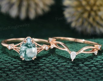 Pear cut Moss Agate engagement ring set vintage Rose gold unique engagement ring women Curved Diamond wedding Bridal Anniversary gift ring